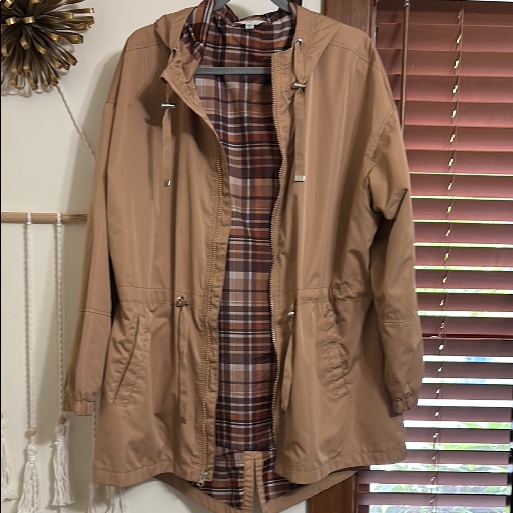 Tan Hooded Jacket with Plaid Lining